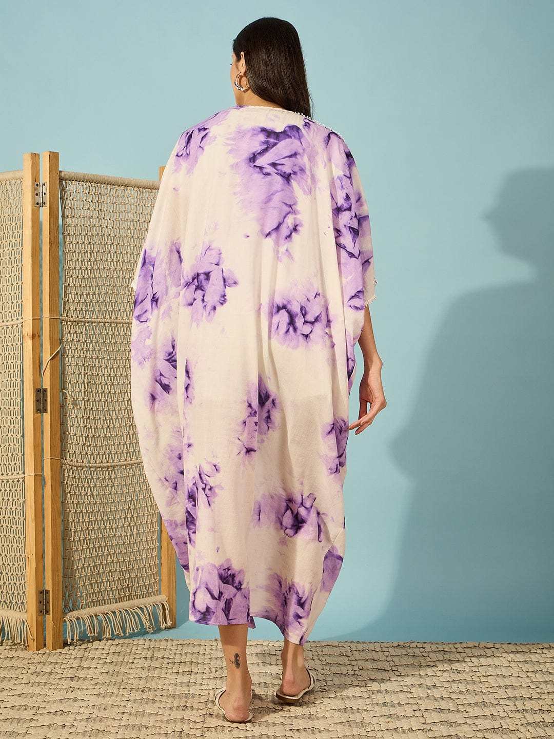 Women's Cotton Tie Dye Print Full Length Kaftan Drees Beach Cover Up, Spring Casual Wear ( Brown ) - Image 3