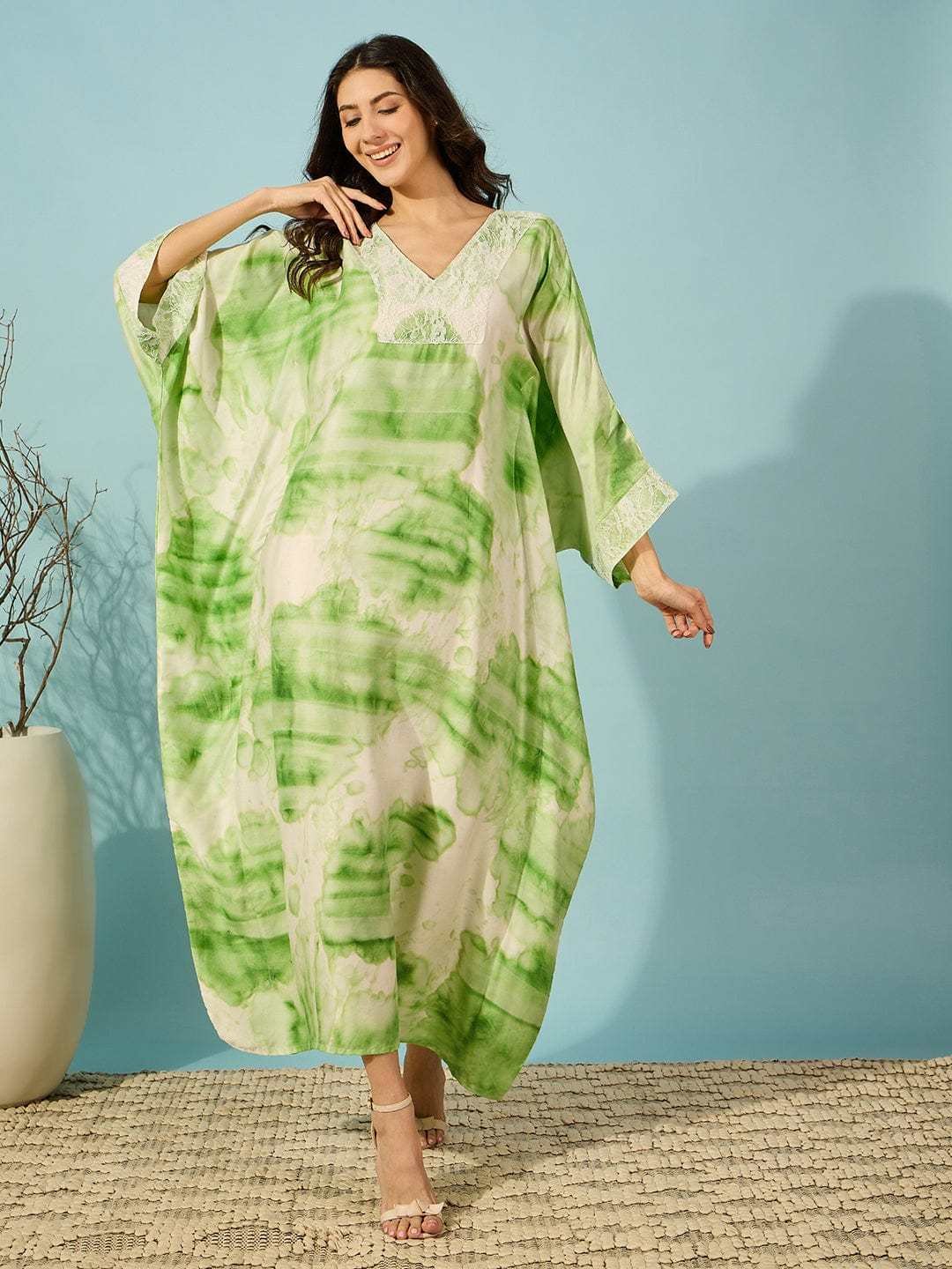 Women's Cotton Tie Dye Print Flowing Bell Sleeves Full Length Kaftan Drees Casual Beach Wear ( Green ) - Image 3