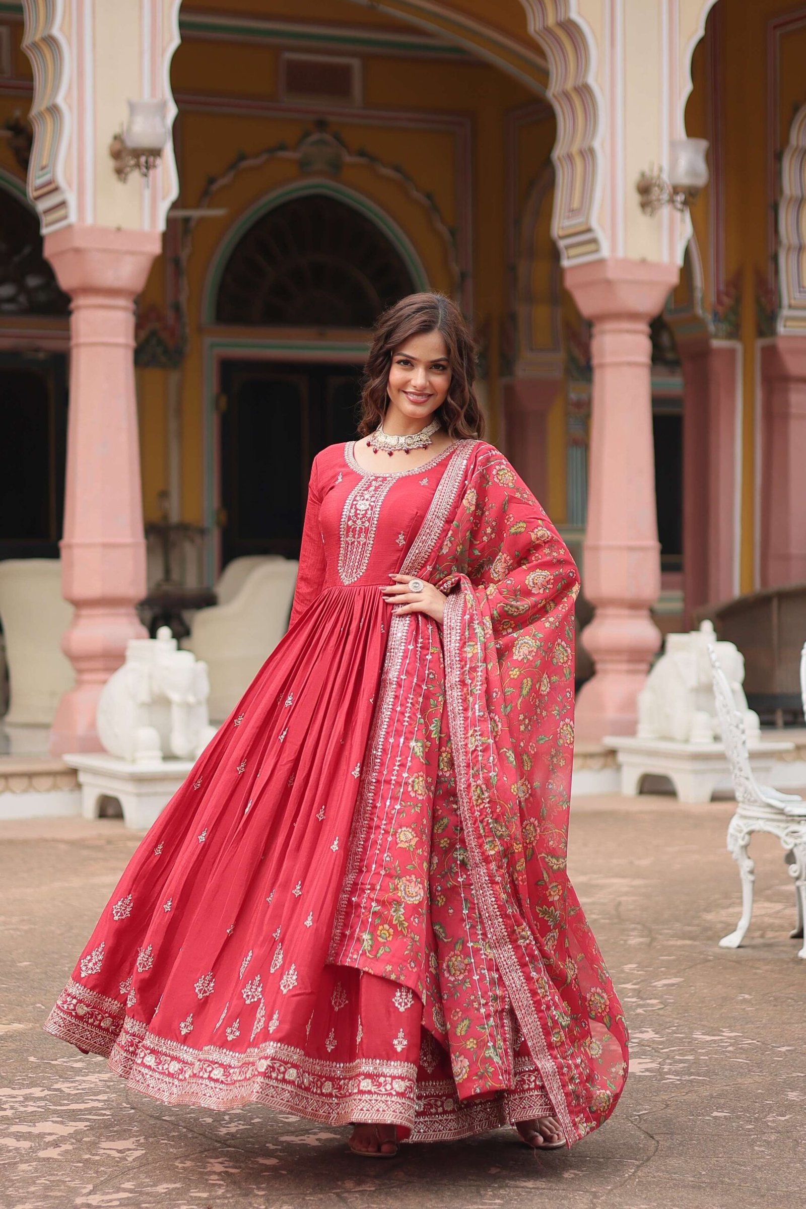 Maroon Designer Chinon Sequins Embroidered Gown with Kalamkari Silk Dupatta - Image 3