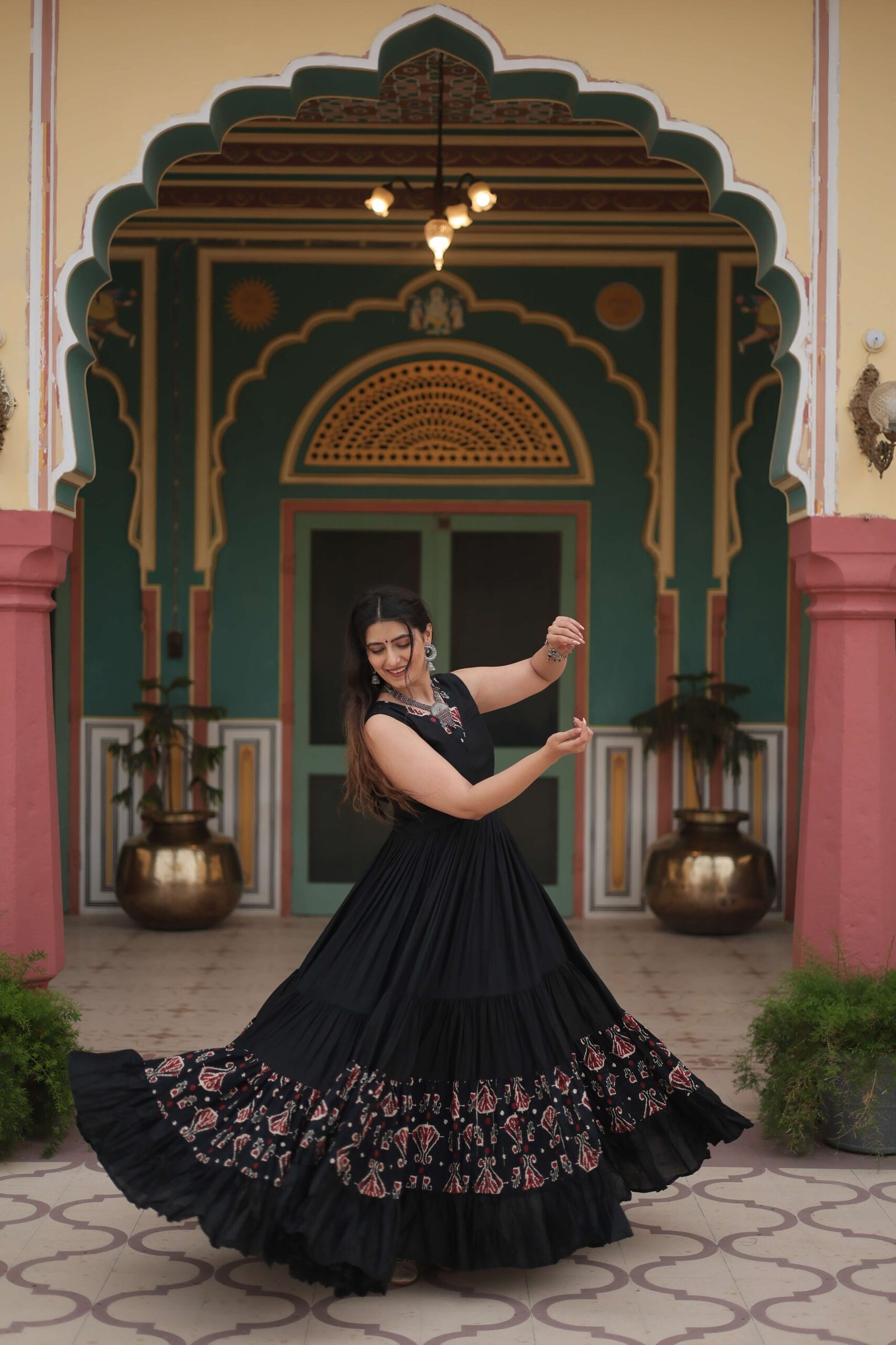 Black Designer Heavy Reyon Gown with Printed Frill & Fancy V-Neck - Image 2