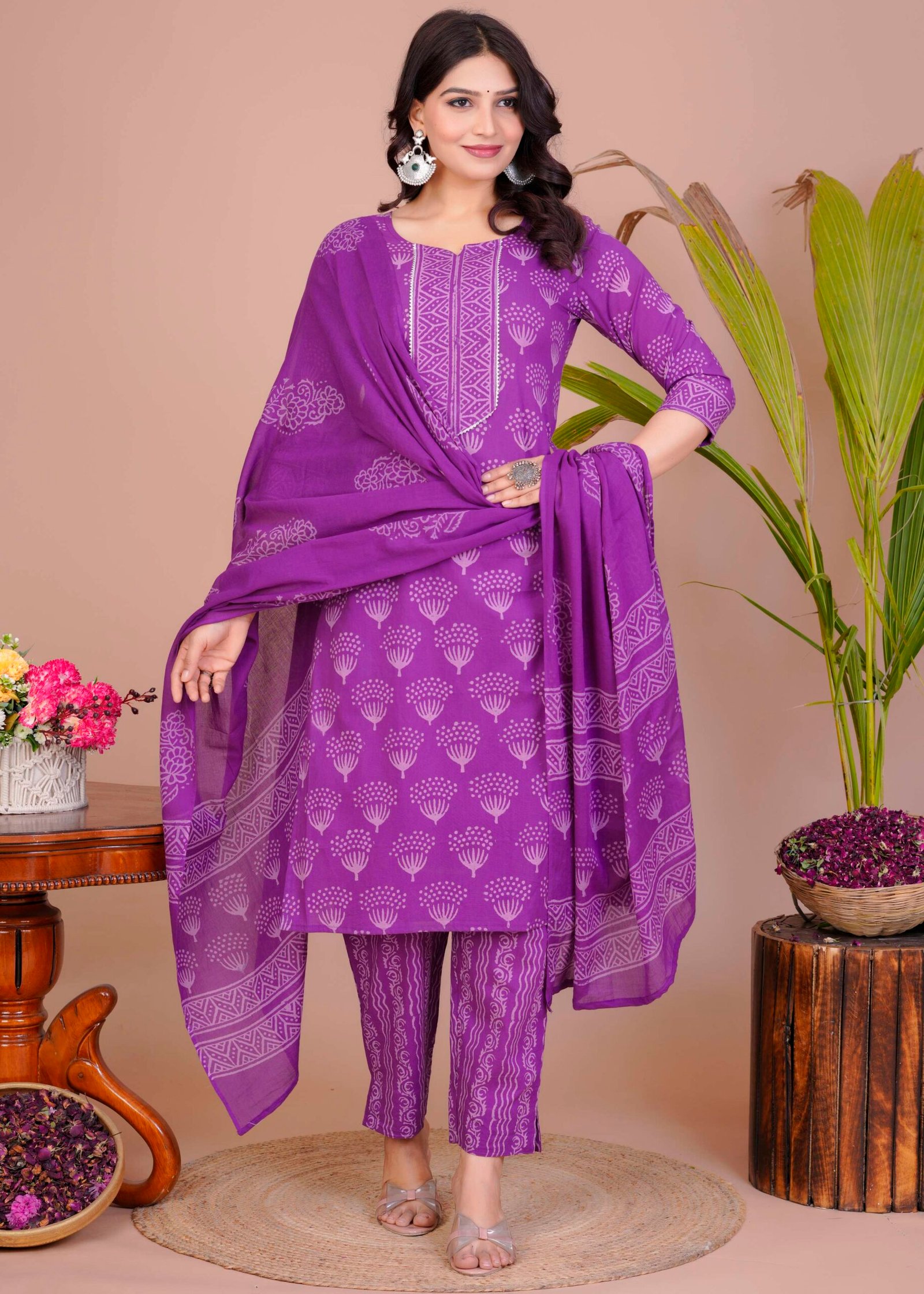 Women's Violet Cotton Printed Straight Kurti with Pant & Dupatta Set - Image 3