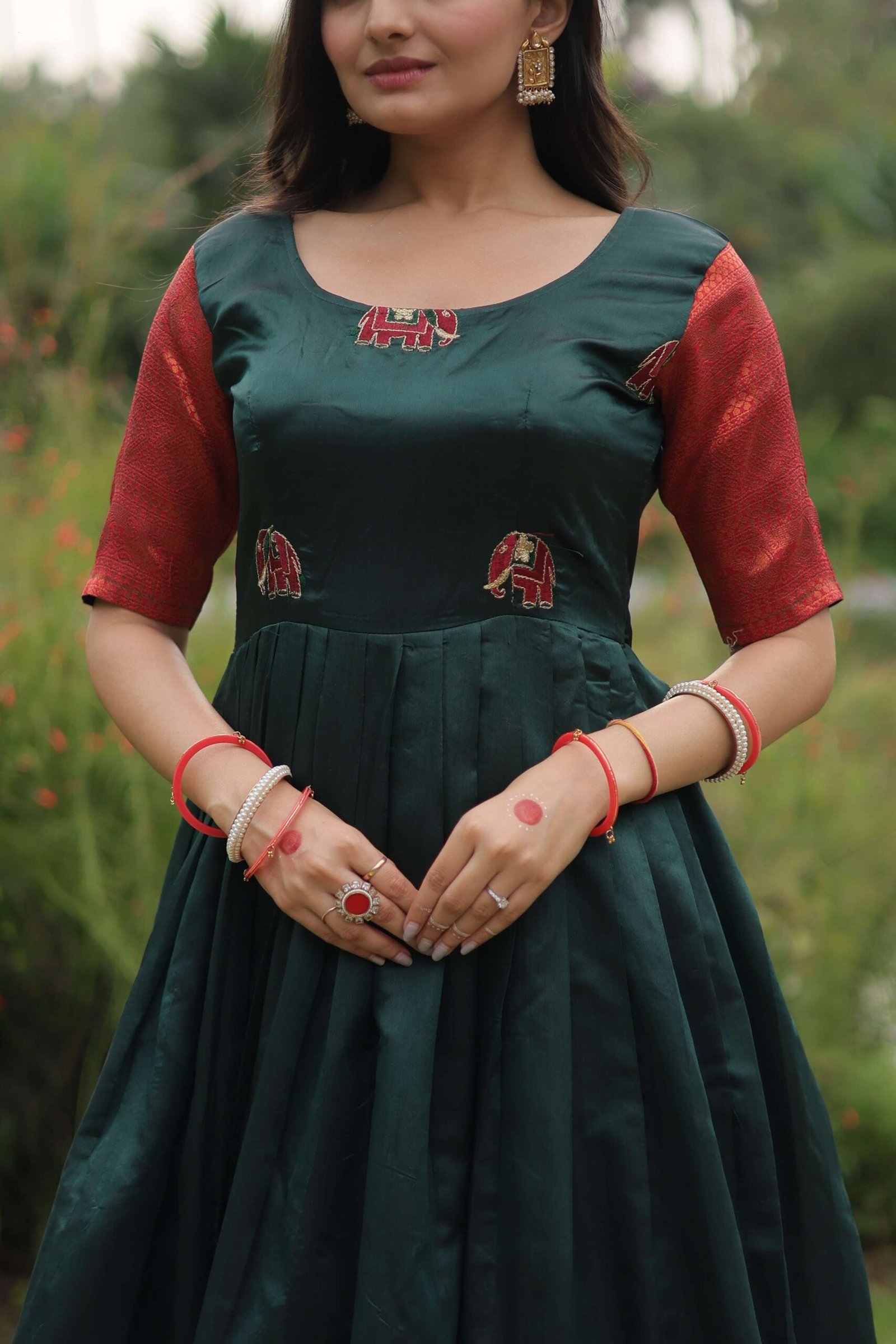 Green Banarasi Jacquard Silk Gown ? Elegant Free-Size Designer Party & Wedding Wear - Image 7