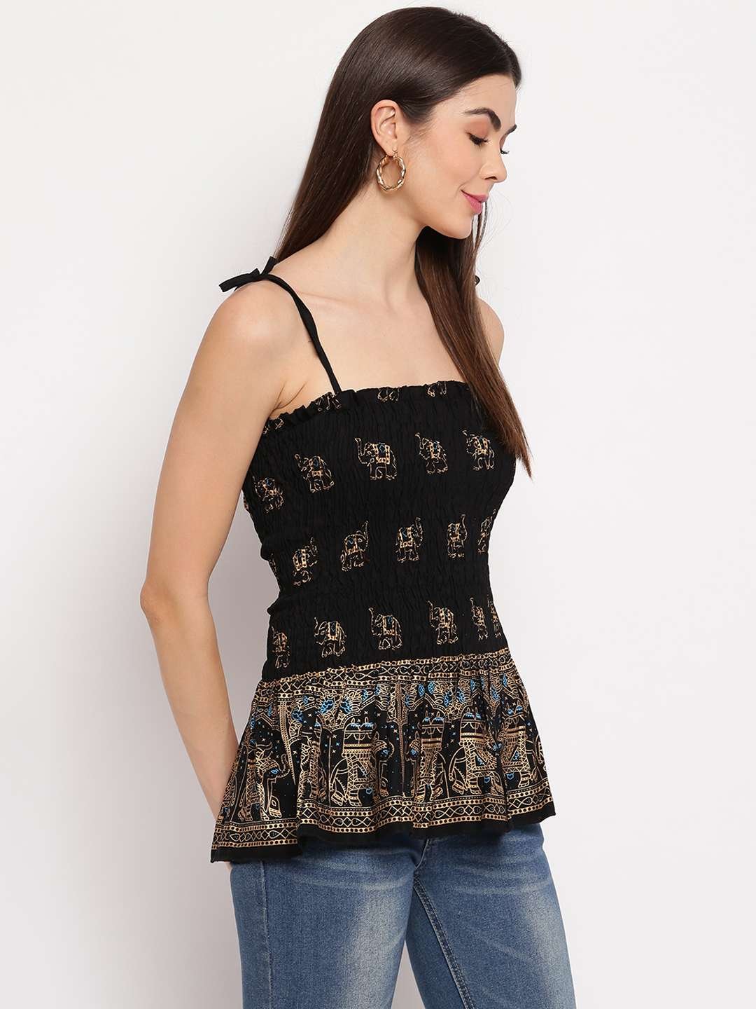 Women's Rayon Elephant Print Casual Summer Style Tie Shoulder Straps Free Size Tank Top ( Black Gold Pattern) - Image 2