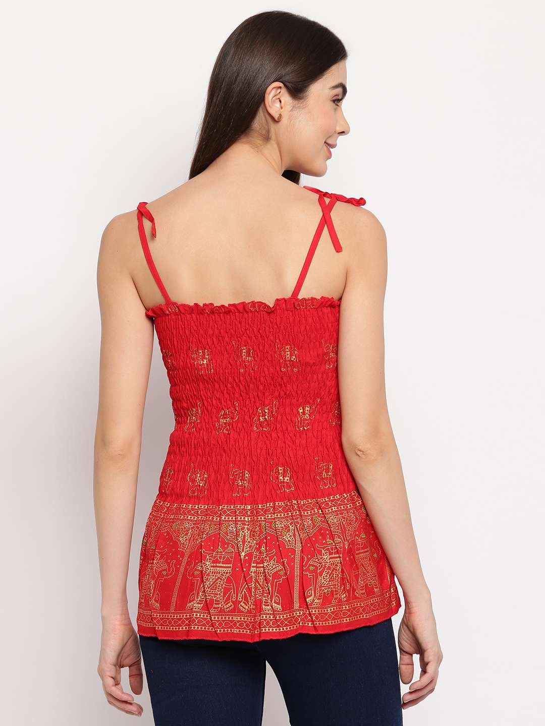 Women's Rayon Elephant Print Casual Summer Style Tie Shoulder Straps Free Size Tank Top ( Red Gold Pattern) - Image 2