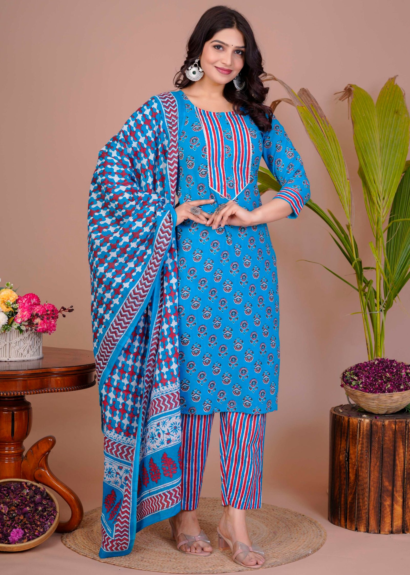 Women's Blue Cotton Printed Straight Kurti with Pant & Dupatta Set