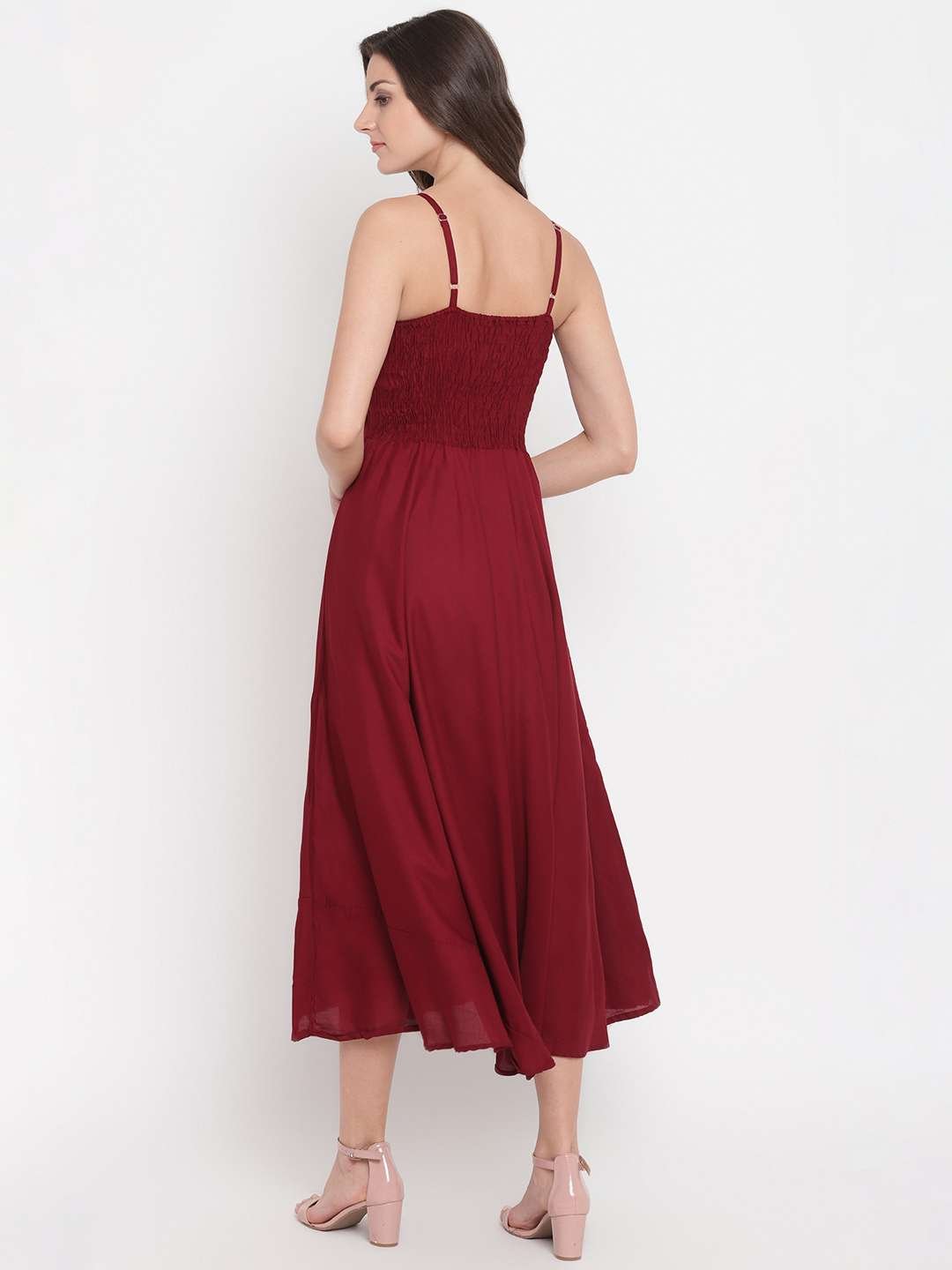 Women's Viscose Rayon Solid Shoulder Straps Sleeveless Flared Gown Drees (Maroon) - Image 2