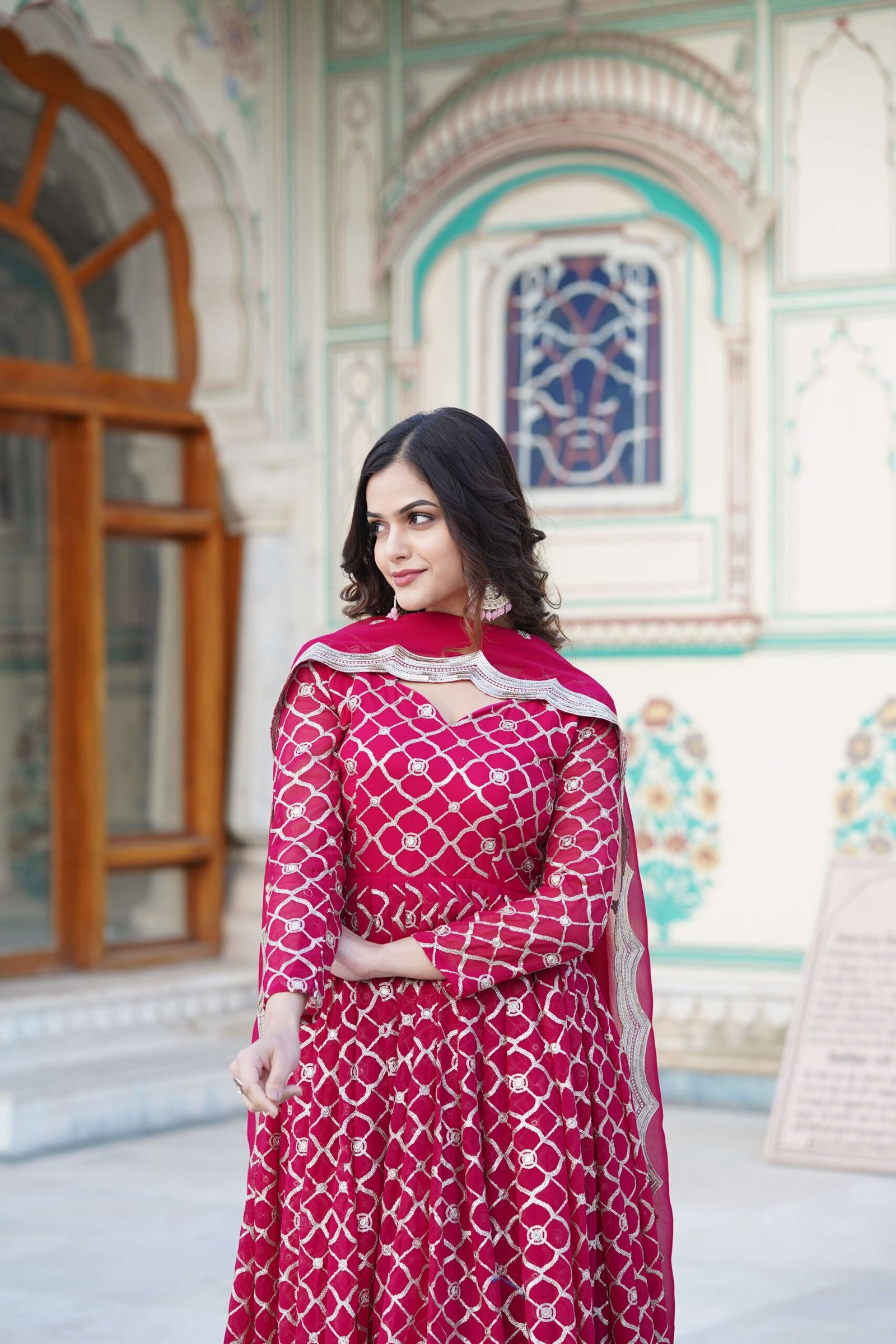 Pink Faux Blooming Designer Gown with Sequined Dupatta ? Elegant Fully Flared Party & Wedding Set - Image 2