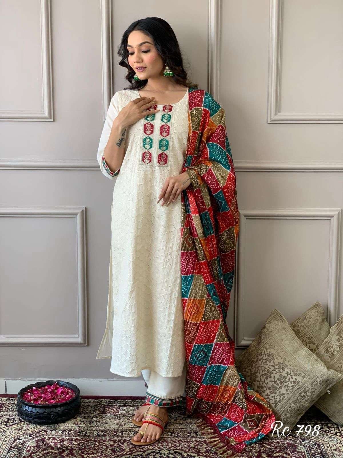 Women's Cotton Chikankari Print Straight Kurti with Pant andMulmul Dupatta Set - Image 5