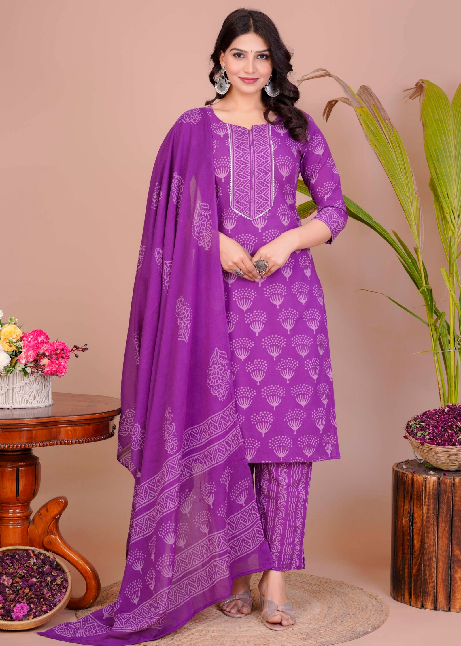 Women's Violet Cotton Printed Straight Kurti with Pant & Dupatta Set - Image 5