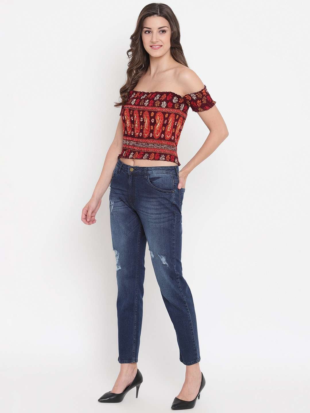 Women's Rayon Printed Off-Shoulder Smocked Crop Top Short Sleeve Casual Styles Tank Top (FREE SIZE) Multi2 - Image 3