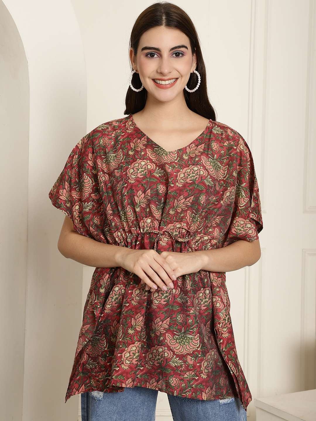 Women's Chanderi Printed Kaftan Top With Bell Sleeve Dress (Multti Color1)