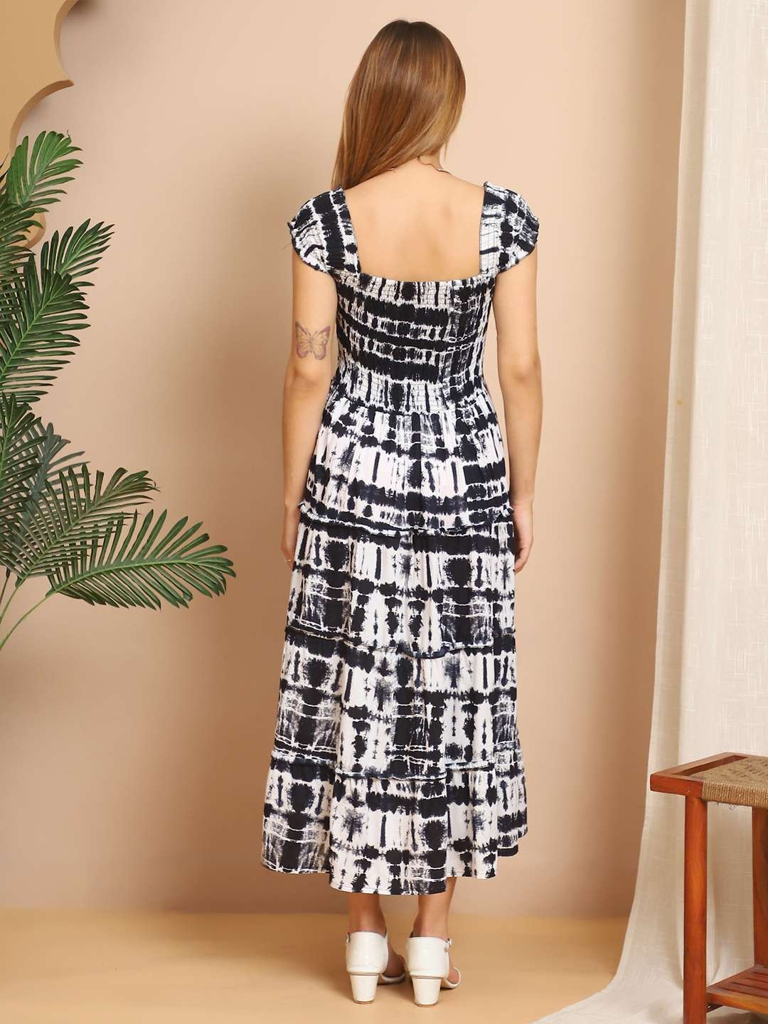 Women's Viscos Rayon Printed Off Shoulder Midi Dress For Summer And Casual Wear (Black White) - Image 2
