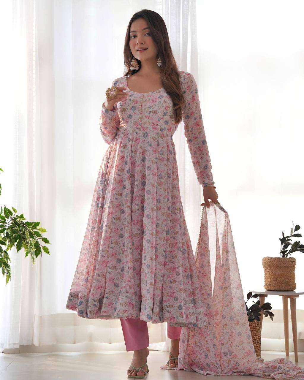 Womens Crunchy Silk Anarkali Kurti with Pant & Dupatta Set - Image 8
