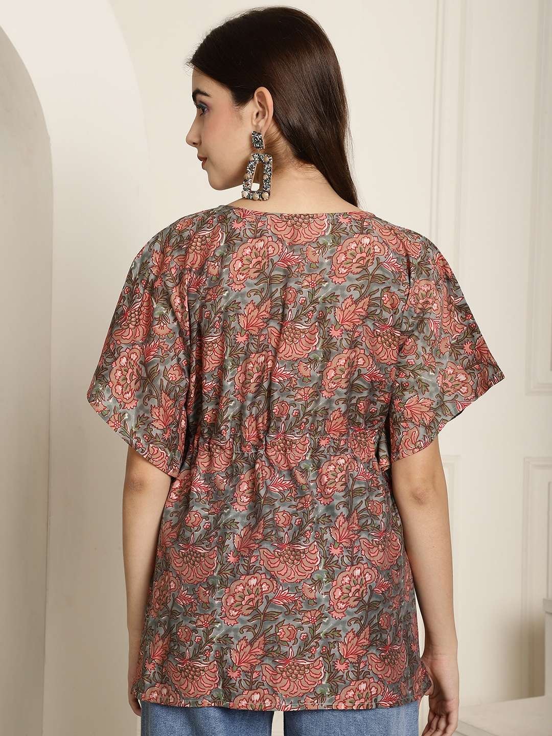 Women's Chanderi Printed Kaftan Top With Bell Sleeve Dress (Multti Color2) - Image 7