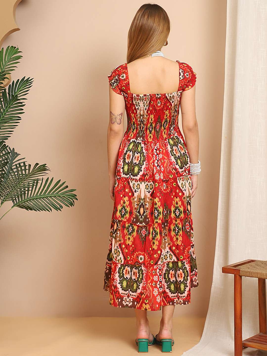 Women's Viscos Rayon Printed Off Shoulder Midi Dress For Summer And Casual Wear (Red) - Image 2